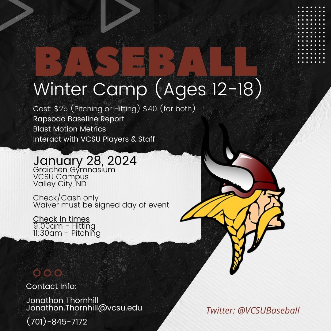 VCBABaseball's tweet image. VCSU Baseball is hosting a one-day Winter Baseball Camp on Jan. 28!

Camp will be held at Graichen Gymnasium and has time slots for both hitting and pitching. 

Sign up online ⬇️
docs.google.com/forms/d/e/1FAI…