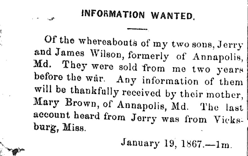 #OnThisDay in 1868, Mary Brown wanted to know the whereabouts of her two sons, Jerry and James Wilson. She notes they were separated from her two years before the Civil War. #lastseenproject #BlackHistory #BlackGenealogy #CivilWarHistory @NHPRC