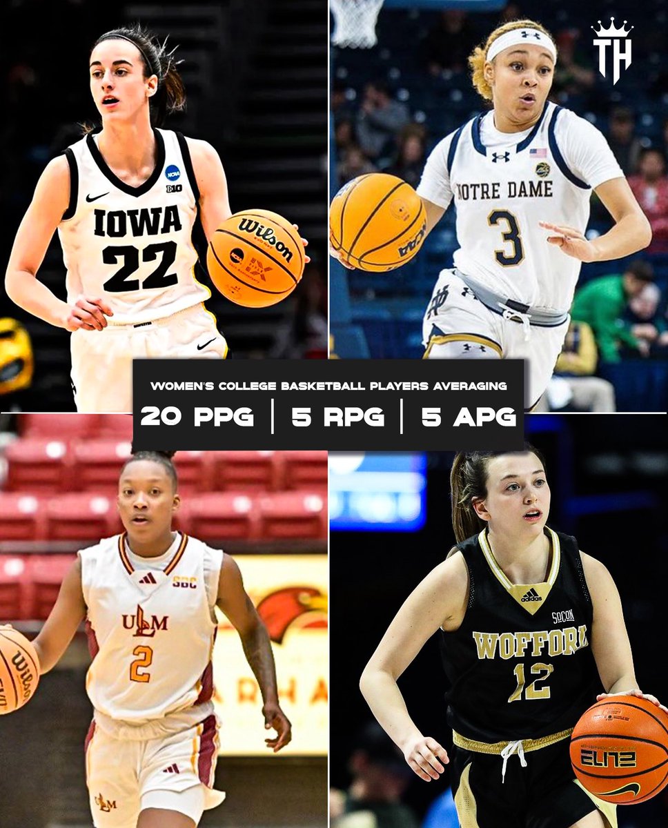 trendyhoopstars's tweet photo. Only four Women’s College Basketball Players are averaging 20+ points, 5+ rebounds, and 5+ assists this season:

◻️Caitlin Clark (Iowa)
31.5 PTS ~ 6.9 RBS ~ 7.4 AST

◻️Hannah Hidalgo (Notre Dame)
24.5 PTS ~ 6.3 RBS ~ 6.2 AST

◻️Daisha Bradford (UL Monroe)
21.4 PTS ~ 8.0 RBS ~ 5.0 AST

◻️Rachel Rose (Wofford)
20.0 PTS ~ 8.4 RBS ~ 5.5 AST