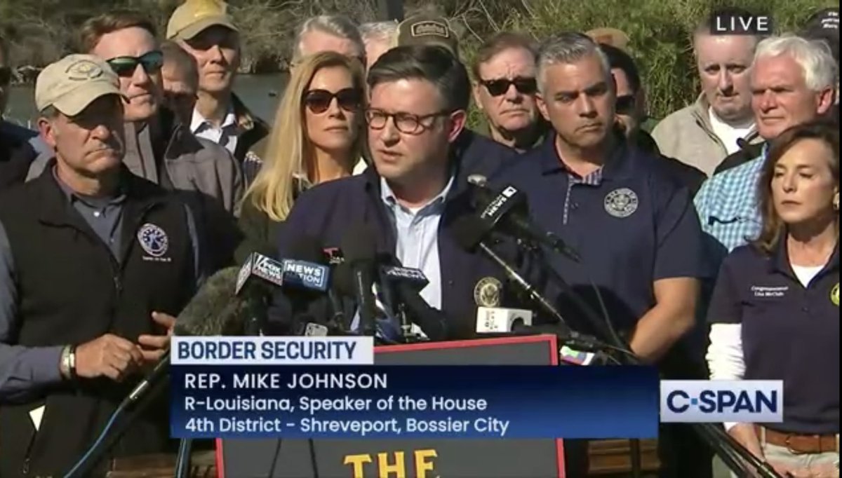 In Eagle Pass, US House Speaker Mike Johnson says Gov Greg Abbott has “heroically” done more to secure the border than President Joe Biden. Specifically mentions the buoy barrier which is just a few miles down the Rio Grande where they are holding this press event right now