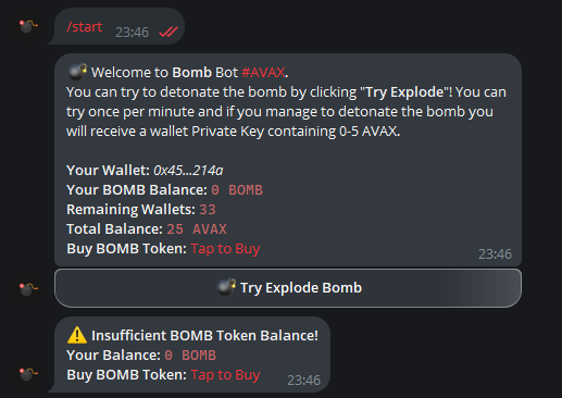 Try to detonate $BOMB 
Win 0-5 AVAX if you can detonate the bomb! 
🎉0.7 #AVAX Gained!
Try for Free: t.me/AvaxBombot
Chat: t.me/BombAvaxPortal

💣BOMB Chart
dextools.io/app/en/avalanc…

#avax #crypto #avaxgem #BOMB