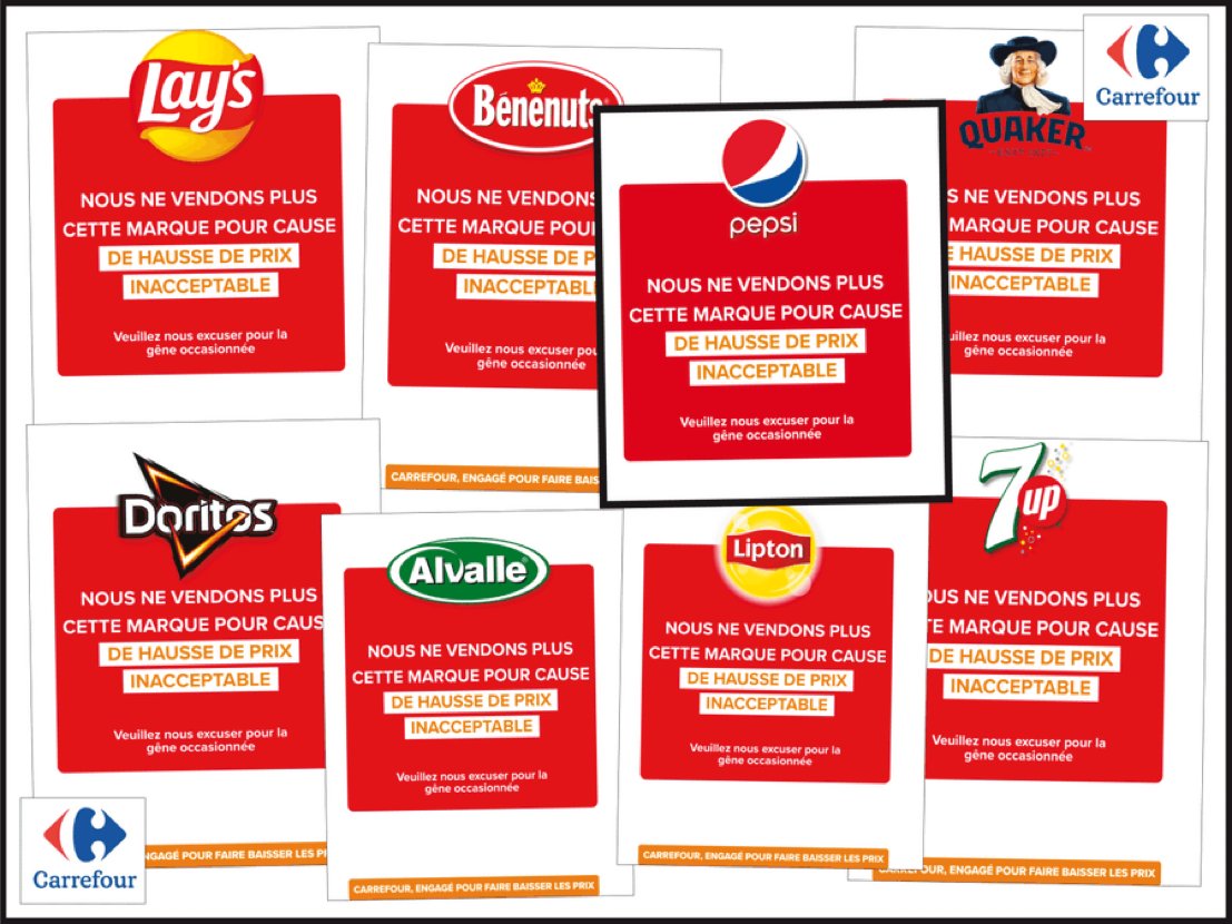 🚨🇫🇷FLASH - Pour protester contre les hausses de tarifs réclamées par l’industriel, Carrefour suspend la vente des produits PepsiCo, à savoir :

•Lay’s
•Benenuts
•Pepsi
•Doritos
•Quaker
•Alvalle
•Lipton
•7up.