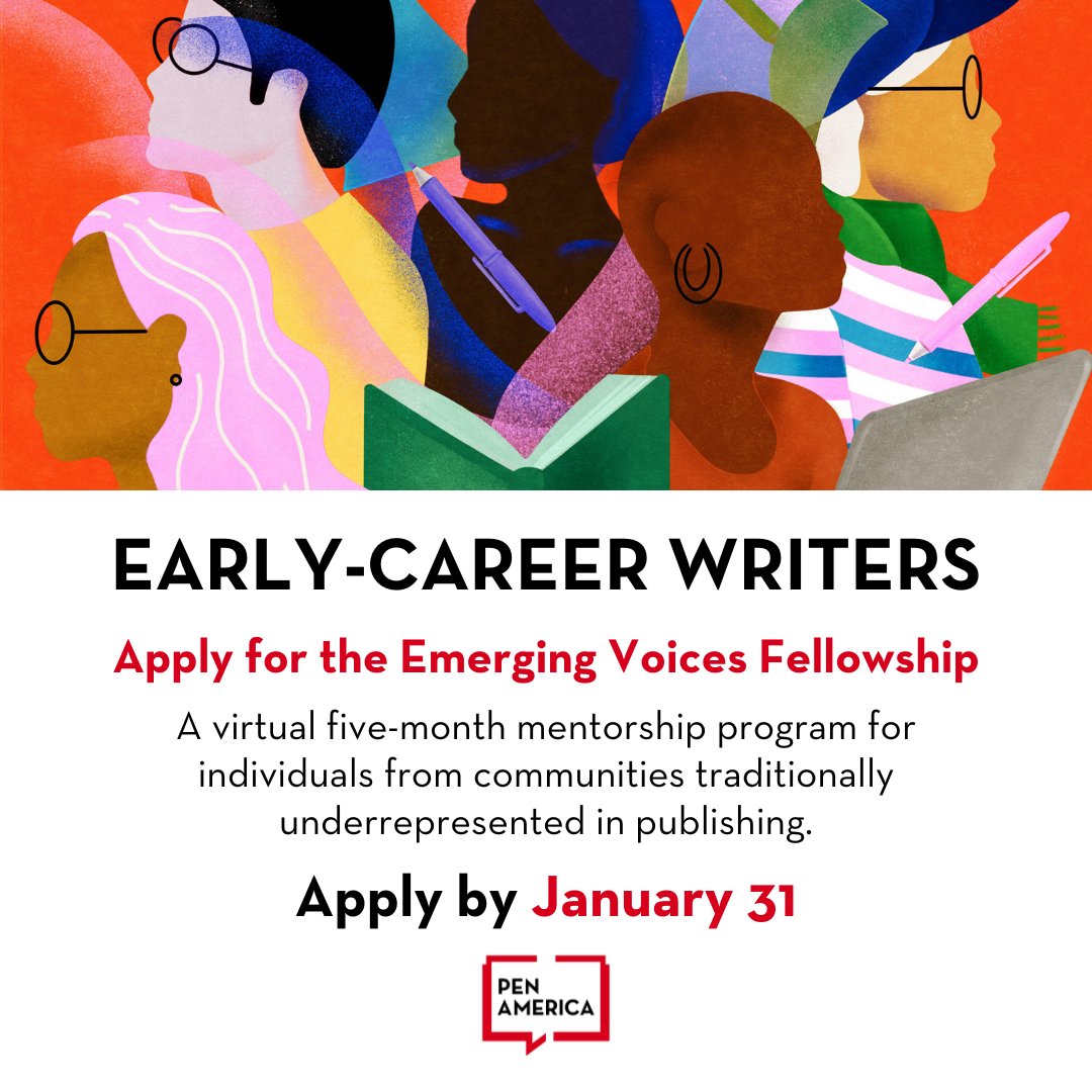 Applications for the 2024 Emerging Voices Fellowship are open until January 31st! This five-month program is an amazing opportunity for emerging writers from communities traditionally underrepresented in the publishing industry. For more info/to apply: pen.org/emerging-voice…