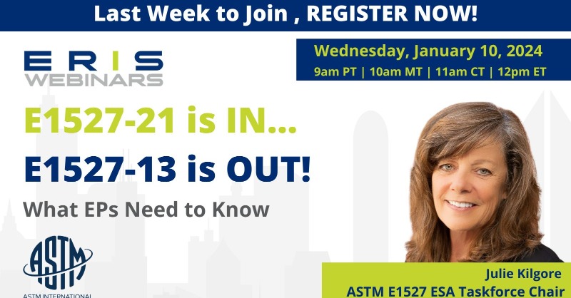 ERISInformation's tweet photo. ๐บ๐ธ It's 1 week before #ERISWebinars with Julie Kilgore, Chair of the #ASTM E-1527 Taskforce. The webinar will cover the most significant revisions to the standard & discuss their impact on your #PhaseIesa practice.
https://t.co/cVapN6eW2I
#ERISInformation @ASTMIntl