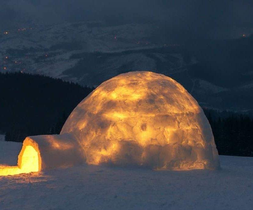 This is what an Igloo looks like when you build a fire inside. The fire inside melts the inner layer of ice, and the cold outside refreezes it, adding a layer of insulation that can keep the igloo at 60° inside while it's -50° outside.