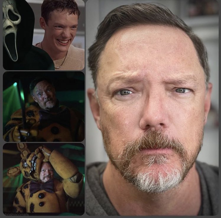 Matthew Lillard’s makeup artist from FNAF movie confirms that they made Afton look similar to Stu Macher as a reference to Scream! They purposefully removed his glasses and made him look sweaty at the end of the film, similar to Stu’s reveal as Ghostface
