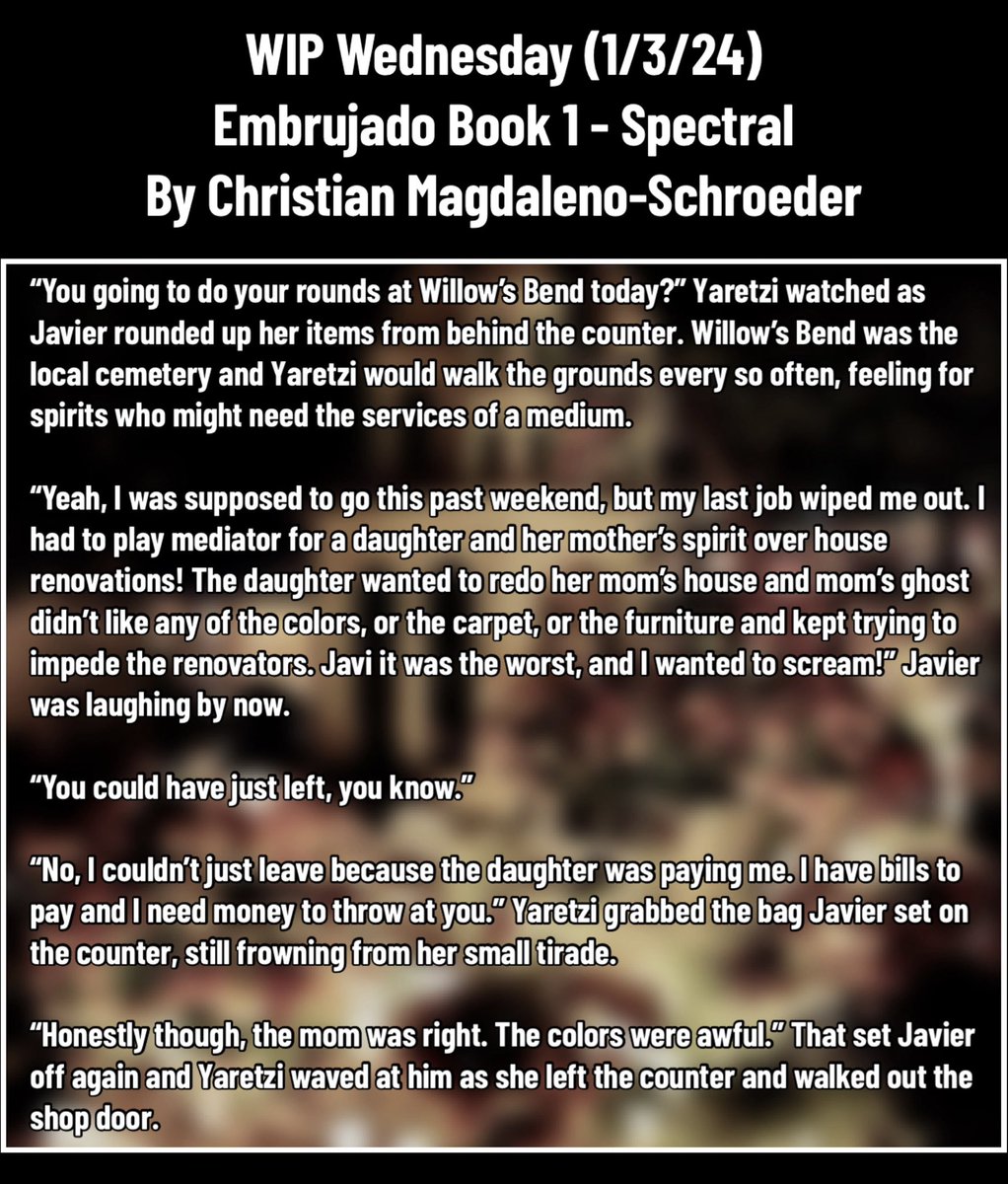 It’s the first #WipWednesday of the new year y’all! 
Here’s something lighthearted and fun to start✨

#Embrujadoverse #WritingCommunity #AuthorsOfTwitter #bipocauthor #latinxauthor #indigenousauthor #queerauthor #writingwip #amwriting #horrorseries