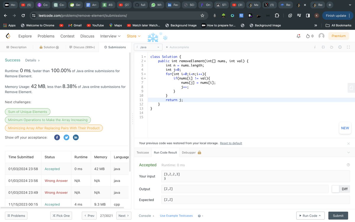 LotusQuasar's tweet image. #Problem2 Leetcode-27-Remove Element
Approach: 
Maintain 2 pointers i,j
 &quot;i&quot; is for iterating the nums array.
&quot;j&quot; is pointing the position in the nums array whose value equals to val
Replace nums[i] with nums[j] if nums[i] != val
At the end j is gives the size of required array.