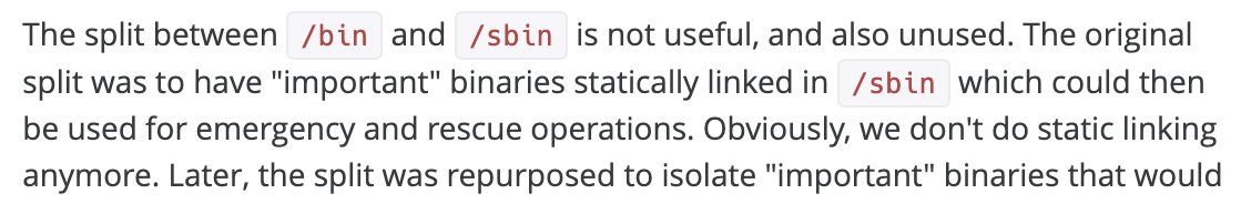 micahhausler's tweet image. TIL:  the "s" in /sbin was for statically linked bins