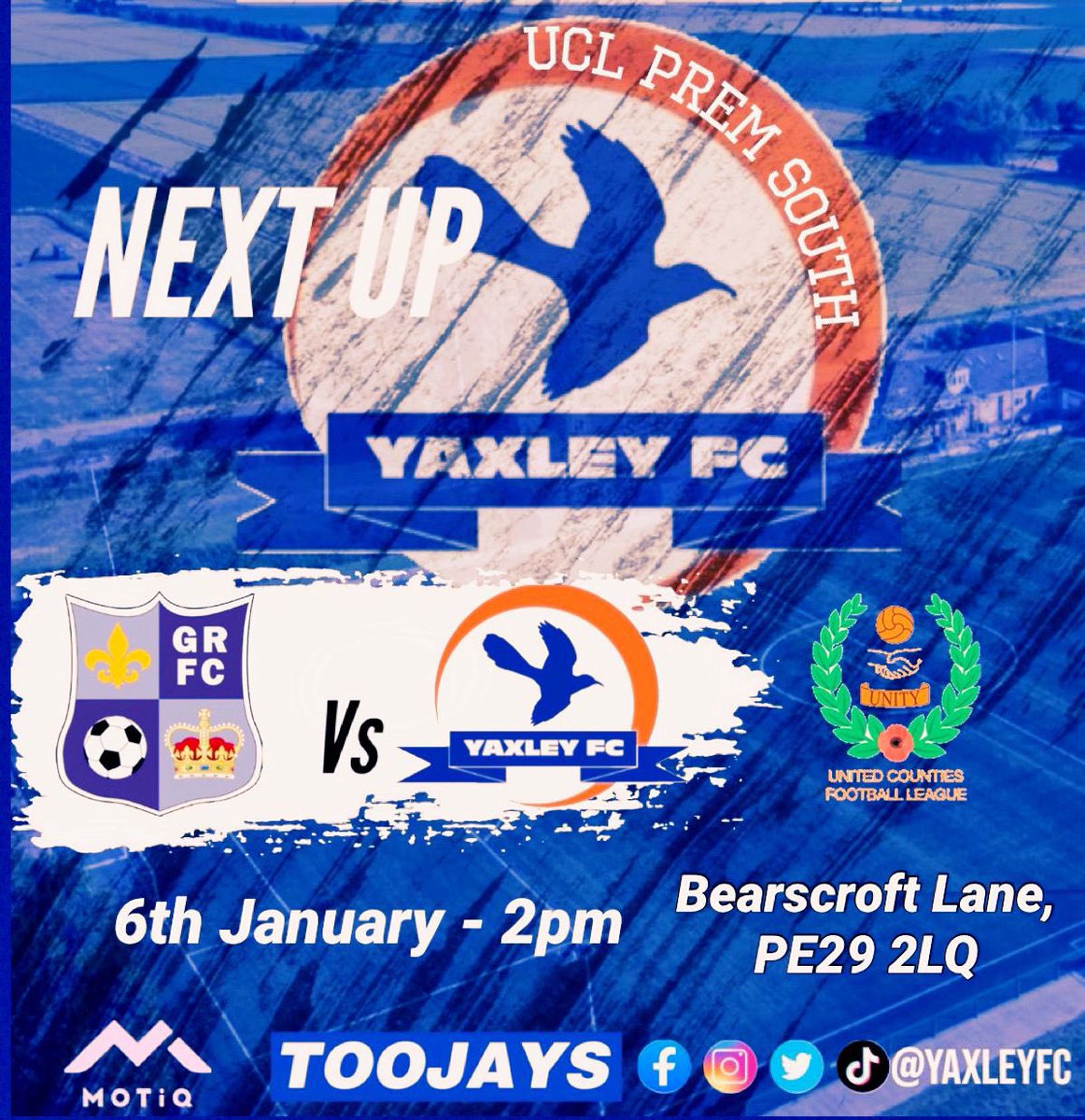 Our next  match of the season is away on  Saturday 6th January 2024  🆚 <a href="/GoddyRoversFc/">Godmanchester Rovers</a> 
🏆 <a href="/utdcos/">UCL</a> Premier Division South
🏟 Bearscroft Lane Godmanchester, 
 PE29 2LQ
⏱ 2:00pm
Come and support us 👏🏽👏🏻👏🏿👏
#Cuckoos  
🔵🟠🔵🟠
Sponsored kindly by <a href="/MOTIQSPORTS/">MOTiQ</a>  &amp; <a href="/TTHRC/">TOOJAYS Training</a>