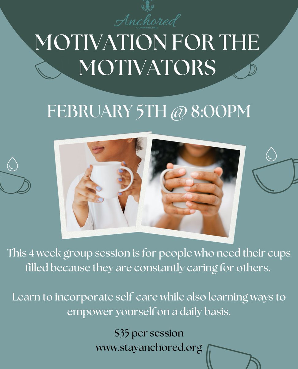 TheAnchoredOne's tweet photo. oin our empowering 4-week group session designed for those who constantly give to others. Discover the art of self-care and learn daily empowerment strategies. Your cup matters too! 💖✨ #SelfCareJourney #EmpowermentSessions #FillYourCup https://t.co/buIE2cB1dY