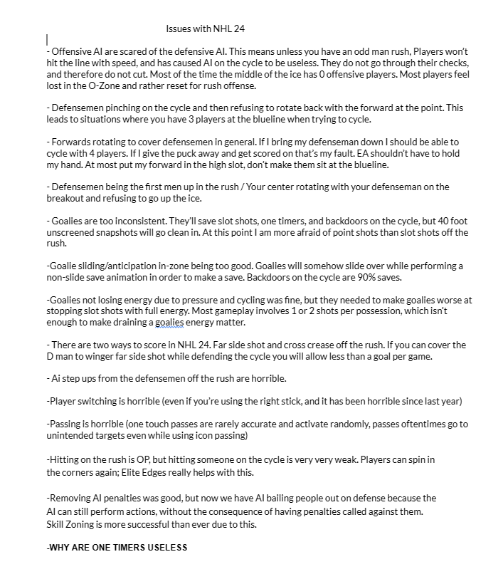 Sapsterr_'s tweet photo. Issues with NHL 24 that I've found. Would love peoples input on this. I'm probably missing a few things. https://t.co/WCexyrikwJ