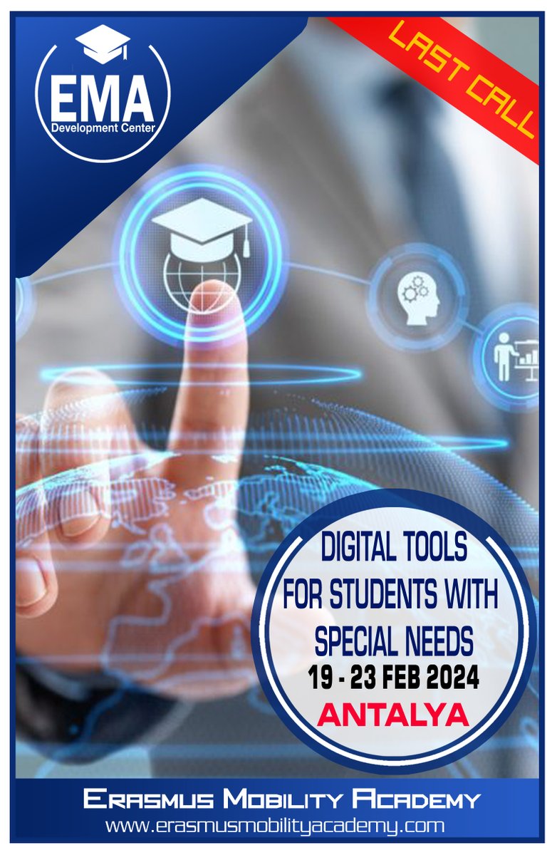 Erasmus+ CONFIRMED Courses
ANTALYA
19 -23 FEB 2024
Digital Tools for Students with Special Needs
Contact us: erasmusmobilityacademy.com/.../digital-to…
info@erasmusmobilityacademy.com
#specialneeds #icttools #digitaltools #LastCall #erasmusplusproject #antalya #erasmus #erasmuscourses