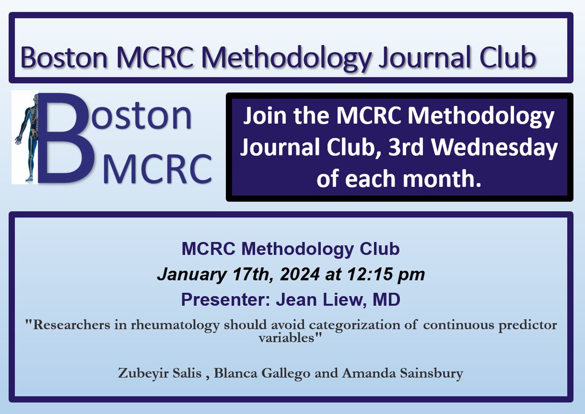 Next #Methodology #JournalClub Wednesday January 17, 2024 12:15pm Eastern Register here: bumc.bu.edu/bostonmcrc/jou… Article here: Researchers in rheumatology should avoid categorization of continuous predictor variables - PMC (nih.gov)