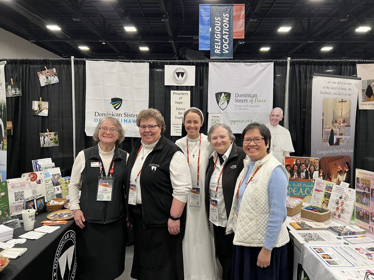 Left to right: Sr. June Fitzgerald (Peace), Sr. Denise Glazik (Springfield), Sr. Christin Tomy (Sinsinawa), Sr. Annette Lucero (Peace) and Sr. Maidung Nguyen (Peace) pose at their collaborative Dominican booth at the #SEEK 24 Conference. 

#Vocations #Catholic #Discernment
