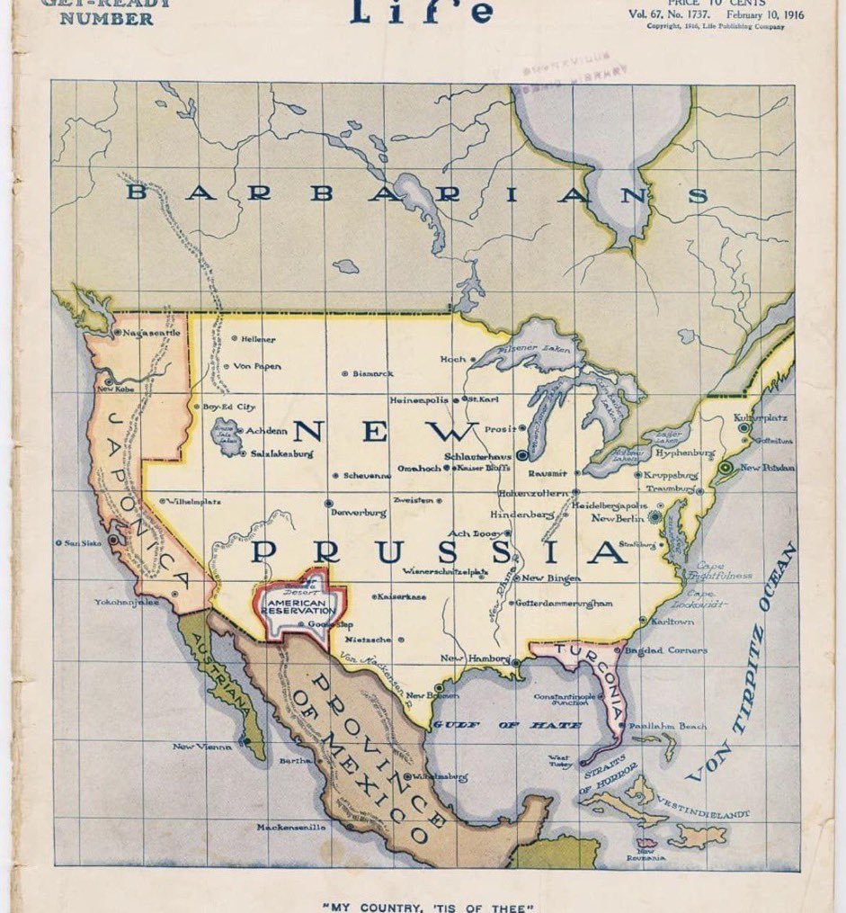 Allied propaganda map depicting what would happen to North America if the Central Powers won World War I, 1916.