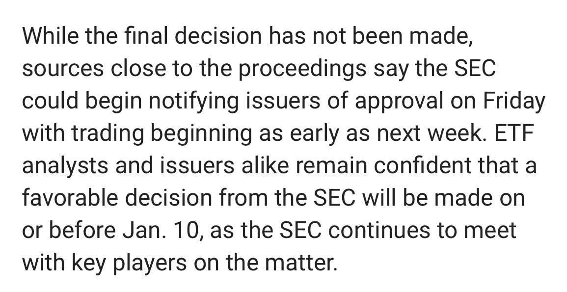 NateGeraci's tweet photo. Update on spot bitcoin ETFs…

“Sources close to the proceedings say the SEC could begin notifying issuers of approval on Friday with trading beginning as early as next week.”

via @EleanorTerrett https://t.co/QQBP93BREB