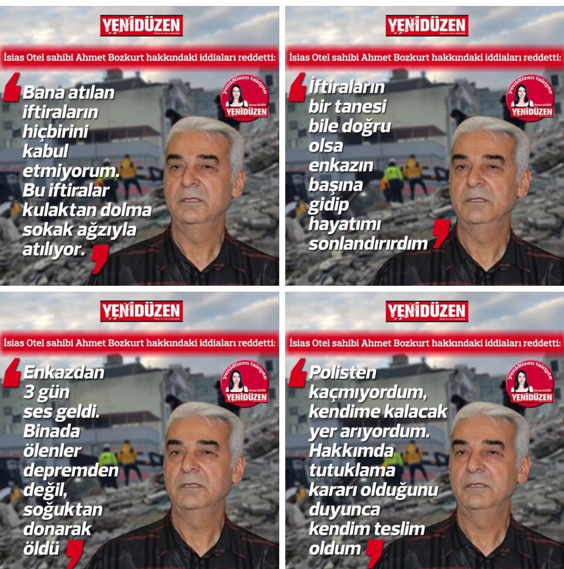 nurcan_gunduz's tweet photo. 1. İtiraflar kendisini çekemeyenler tarafından atılıyormuş. Kendisi önemli ve tanınan biriymiş. Evet, Kıbrıs adasından sana iftira atmaya geldik(!) 
2. Enkaz başına gitmedin. Para kasası nerede diye sordun, “sağ kalan oldu mu?” diye sordun. Can kaybı olup olmadığını sormadın.
3. Anne babalar günlerce elleriyle enkazı kazarken, çocuklarının sesini duymak için çığlık atarken, ağlarken bu sesleri duymayacaklar, soğuktan donacaklar ve sen bileceksin onlar bilmeyecek öyle mi? Hem hırsız, hem katil, hem de yalancısınız. Sadece sen değil Ahmet! Hepiniz #isiashesapverecek #isiasolasıkast #isiasortadavamız 
4. Kaçmıyormuş, kendisi teslim olmuş. Telefonun tespit kayıtlarına bakılırsa o arada tüm Türkiye’yi gezmişsin! Nasıl kaçmıyordun acaba?  
Eğer eliniz pis olmasa, vicdanın rahat olsa bunların hepsini yapamazdınız!
#isiashesapverecek #isiasortakdavamız #isiasolasıkast