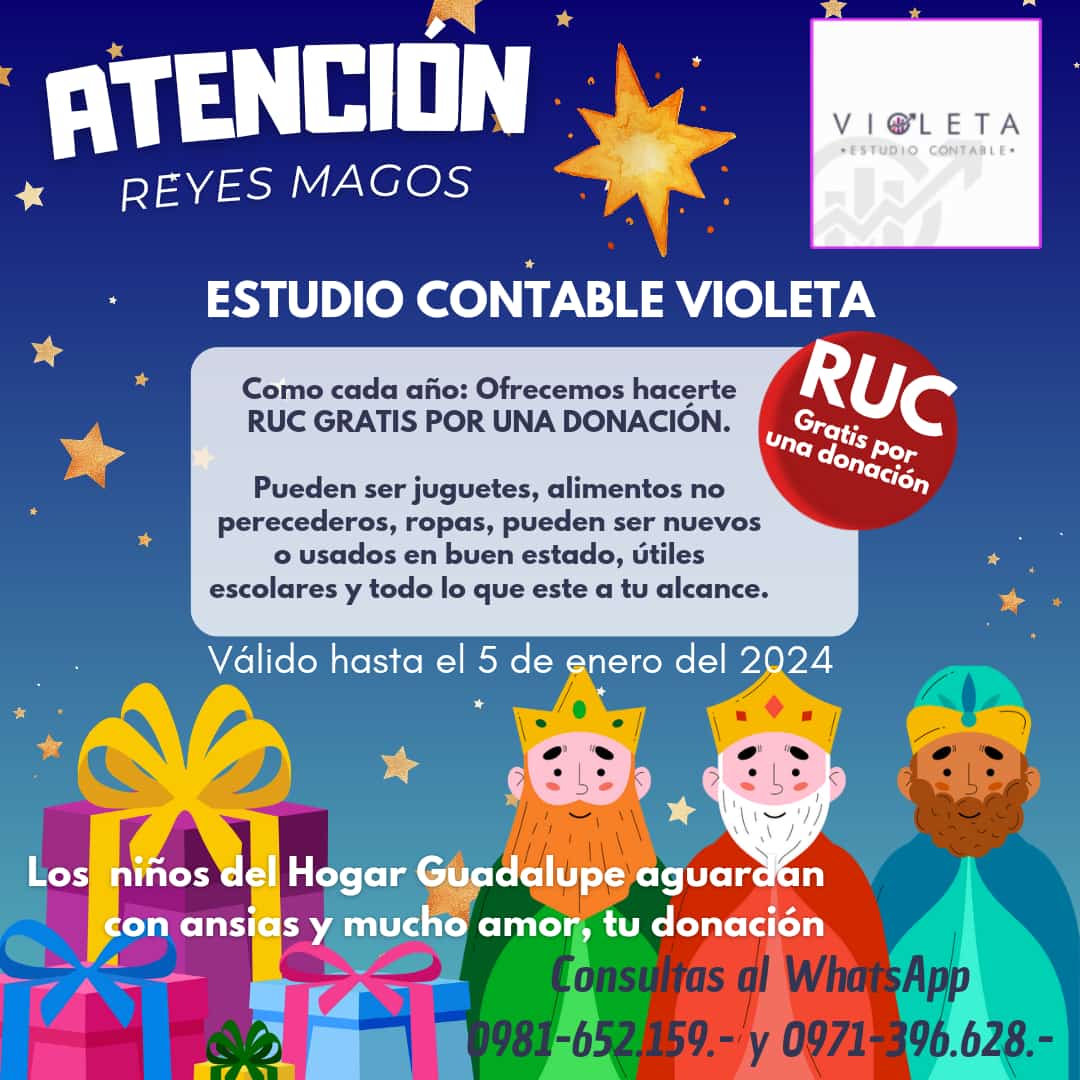 Feliz Año 2024!!🥂☺️🥰
Me ayudan a ayudar?
Estoy lanzando la campaña de 
RUC GRATIS POR UNA DONACION: 
PARA LOS NIÑOS 
DEL HOGAR GUADALUPE.
Pueden ayudar: compartiendo en sus redes sociales, en sus estados, entre sus contactos. Toda ayuda es bienvenida...