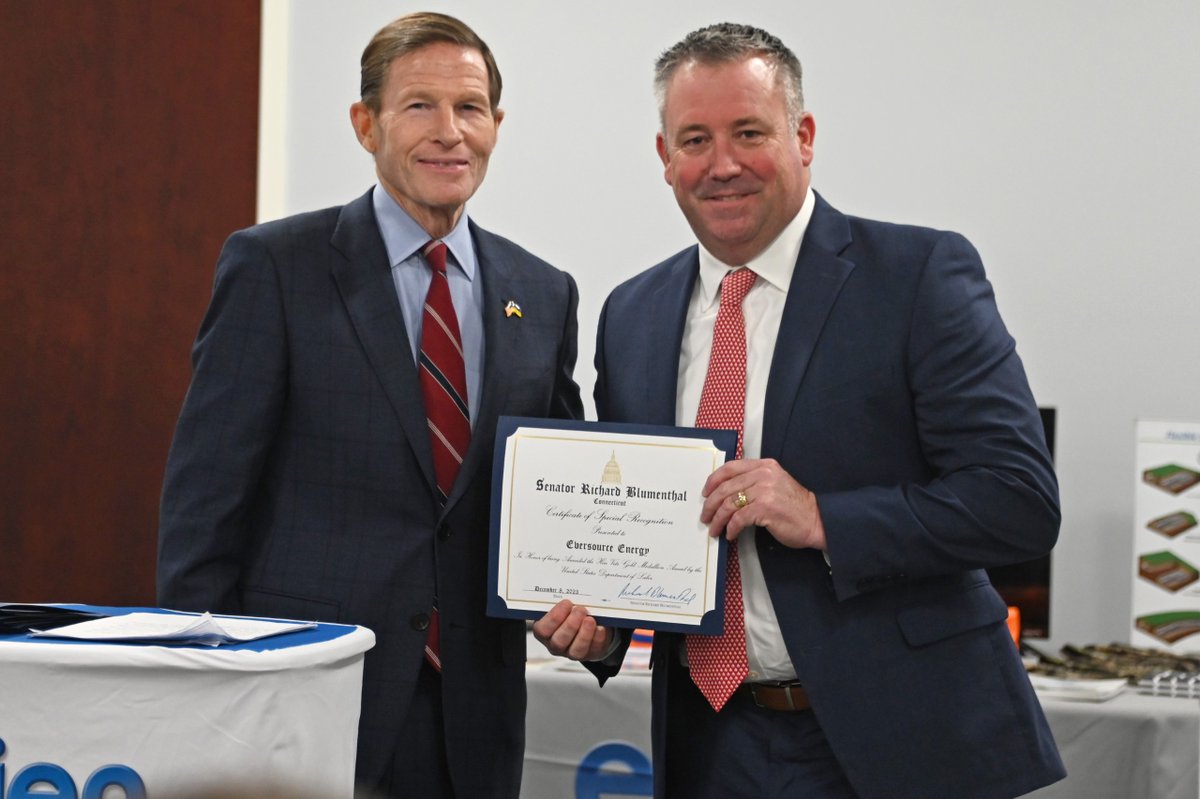 The unique skills, experience and dedication that military veterans bring to our team make us stronger. We were honored to be recognized by @SenBlumenthal for our commitment to supporting our veterans here at Eversource and in our communities. @USDOL #HIREVets
