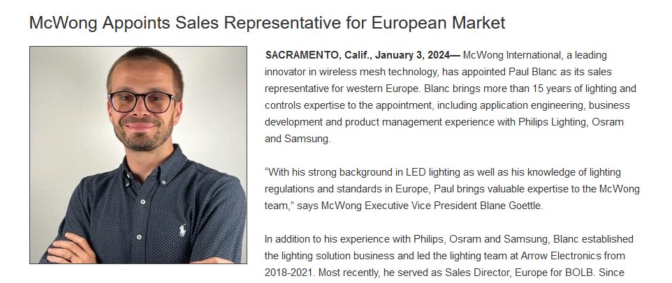 We're delighted to appoint Paul Blanc as our sales representative in Europe!  Welcome to the McWong team! bit.ly/3U4XwTV