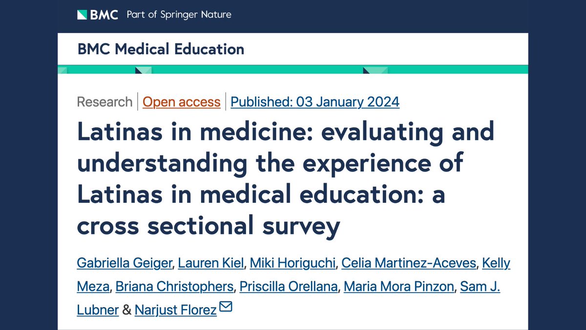 Our new #LatinasInMedicine study out now in <a href="/BioMedCentral/">BMC</a> Medical Education!

Findings:
🔹Experienced discrimination from patients (55%) + other medical colleagues (72%)
🔹High self-reported rates of depression (76%), anxiety (93%), imposter syndrome (91%), burnout (87%)

#MedEd