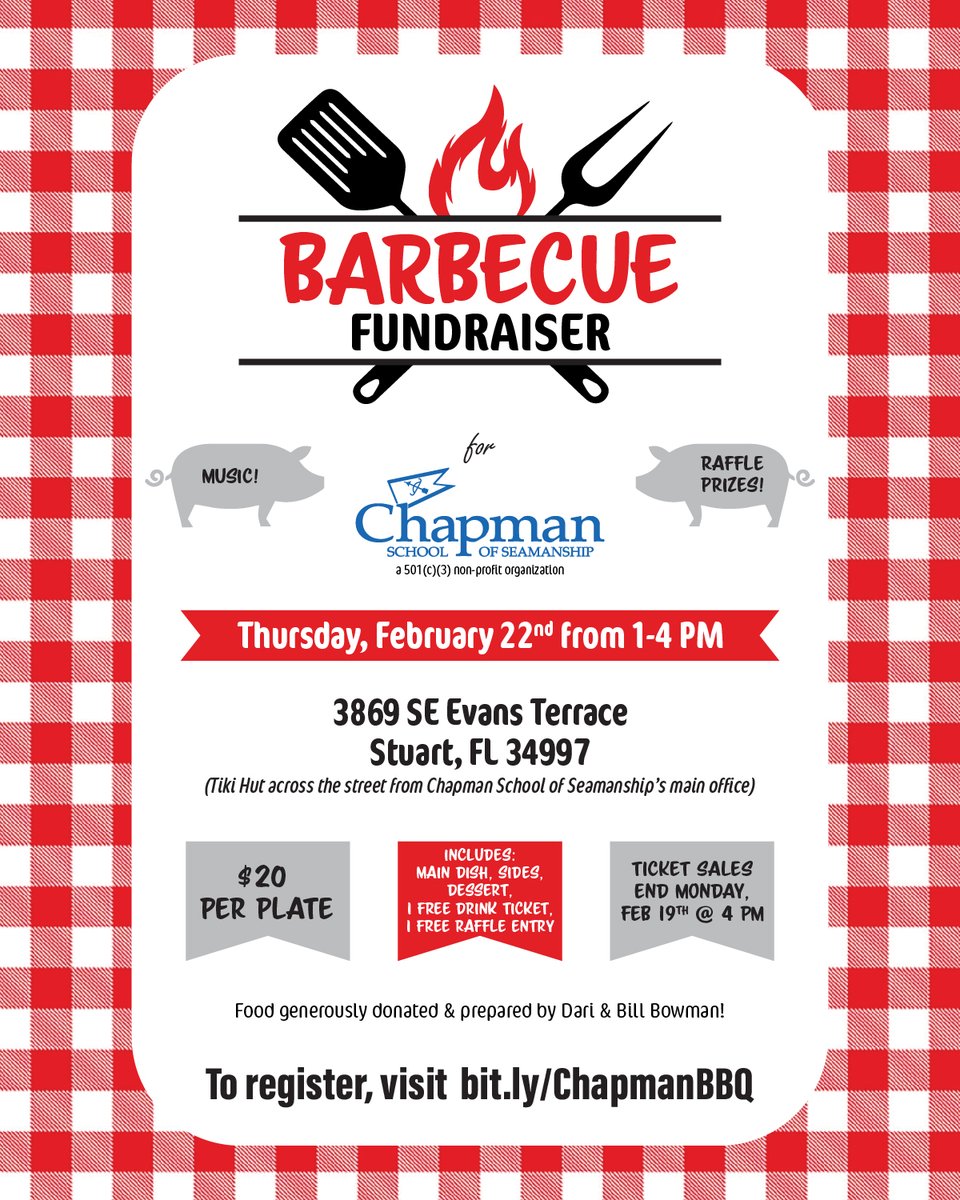 We invite you to join us for our first annual BBQ Fundraising Celebration that will transform Chapman into a savory haven for a cause! 🐷

Visit bit.ly/ChapmanBBQ for full details & to register!

#Boating #StuartFL #TreasureCoast #Florida