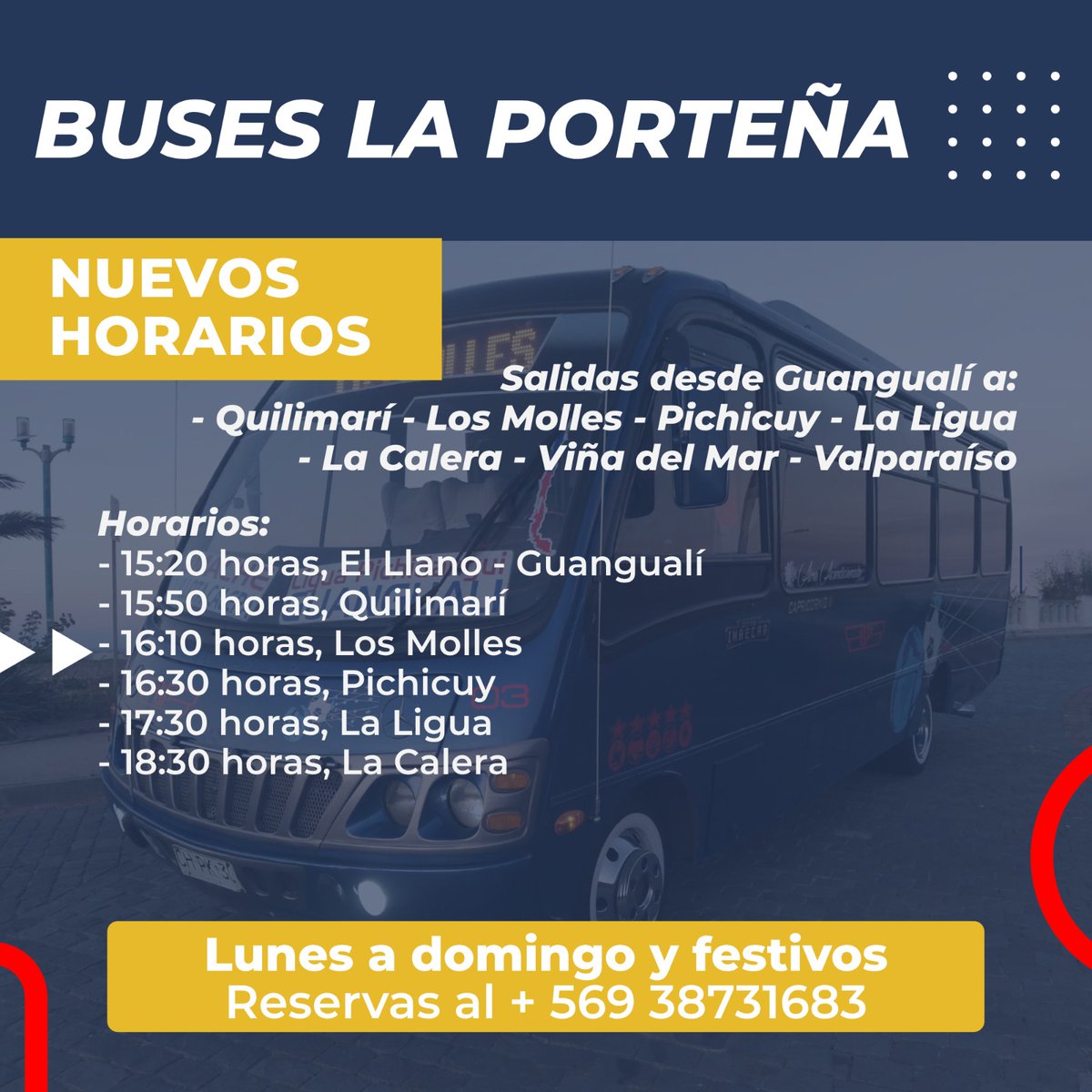 lorekazuniga's tweet photo. Actualizamos los horarios para nuestros recorridos hacia el interior de la quinta región.... Reservas al número en la imagen #munilacalera #buseslaporteña #viñadelmar #Valparaiso #Viajes https://t.co/JPx6ODdPOG