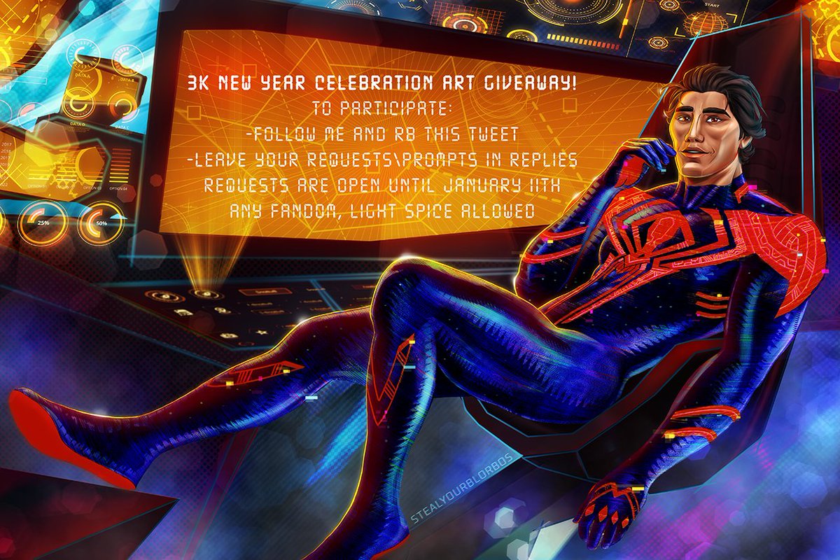 dancesinbed's tweet photo. Let's start 2024 with some fun! Welcome to participate in my art giveaway #Fanart #MiguelOHara #SpiderManAcrossTheSpiderVerse https://t.co/ZYoLRLwGgG
