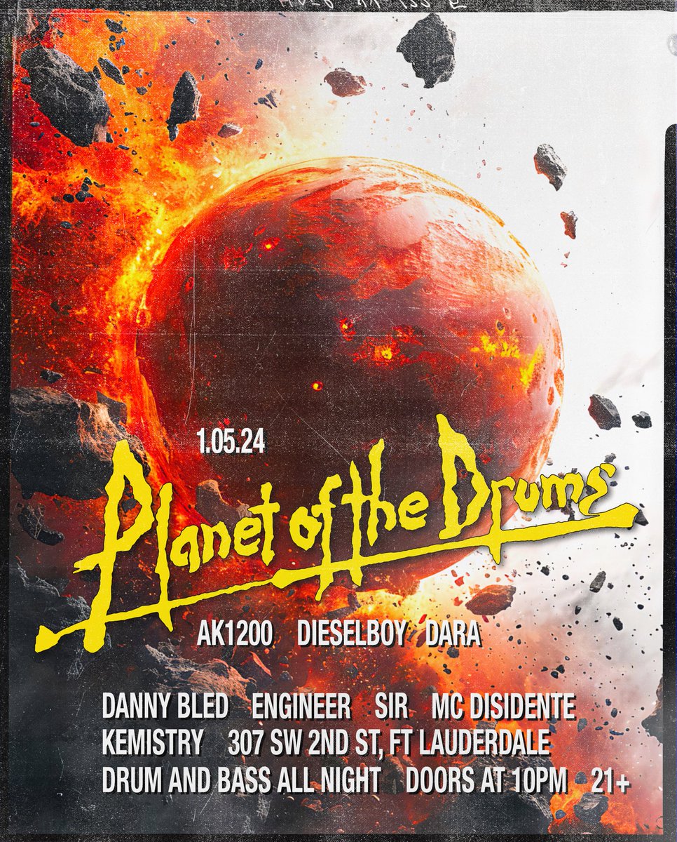 FORT LAUDERDALE 01.05.24 This Friday myself, @ak1200 and @thedjdara will be bringing some Planet of the Drums energy to Kemistry in Fort Lauderdale! Expect an amazing night of upfront hard hitting drum and bass pressure 🔥🔥🔥🔥🫵🏼🫵🏼🫵🏼