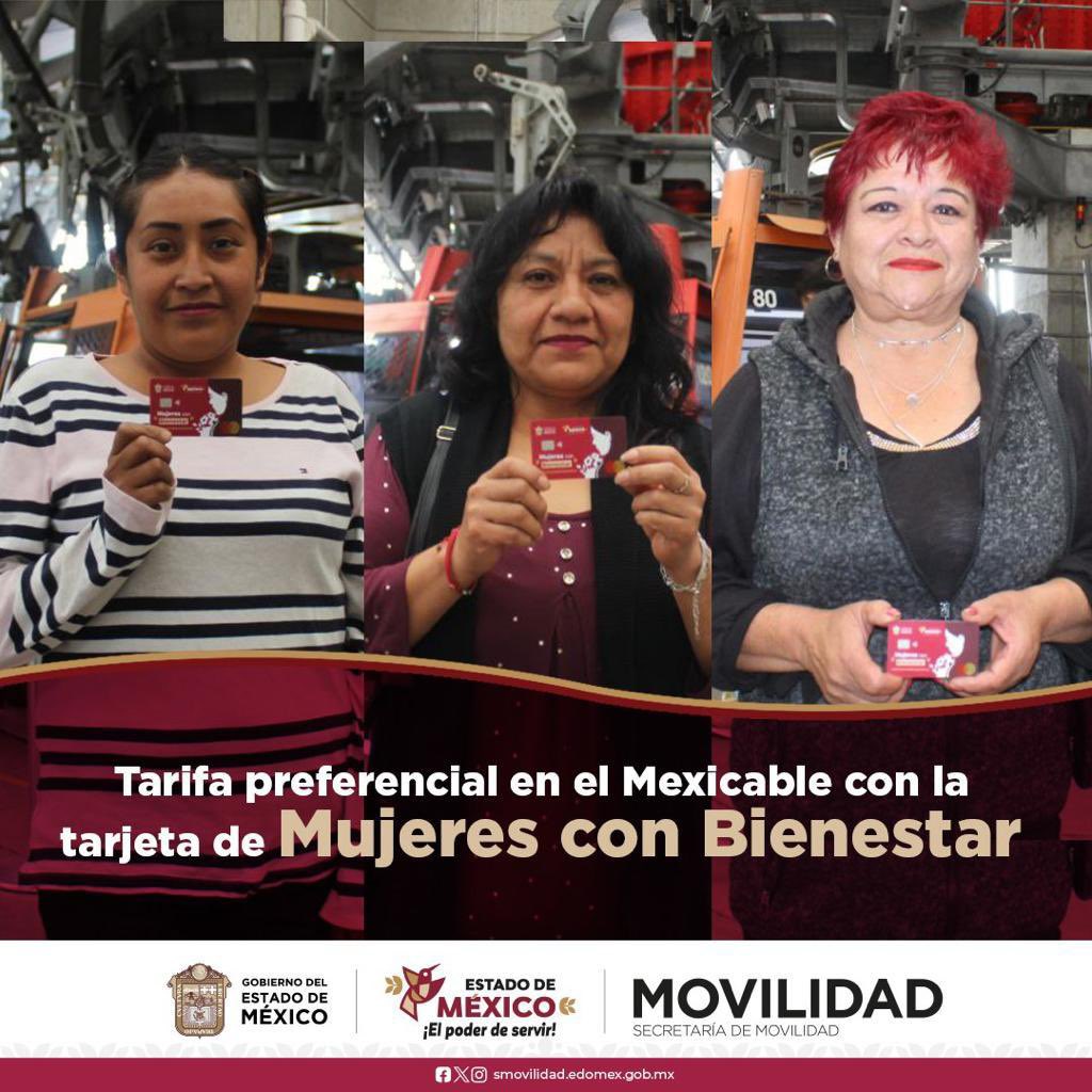 SEMOV_Edomex's tweet photo. Con el Gobierno de la Mtra. @delfinagomeza trabajamos para servir al pueblo mexiquense sin intermediarios; por ello, implementamos la tarifa preferencial para usuarias del #Mexicable con la tarjeta #MujeresConBienestar. #ElPoderDeServir https://t.co/7suXSHRocz