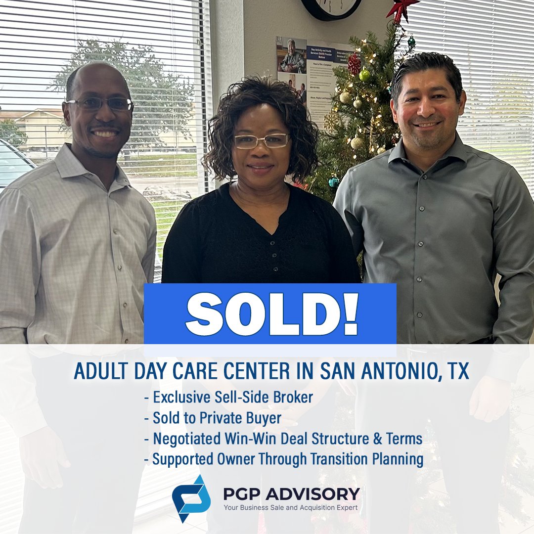PGP represented the client on the sale of their Adult Day Care in San Antonio, TX. 

Here’s a link to the press release on the sale: ow.ly/O5zb50QmoEQ

#soldbusiness #successfulclosing #closingsale #bizbuysell #businesslistings #businessbroker