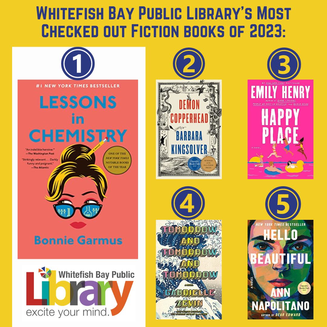 WhitefishBayLib's tweet photo. Here are the top 5 most checked out fiction books from the Whitefish Bay Public Library in 2023! https://t.co/ptrIwKs3Sk