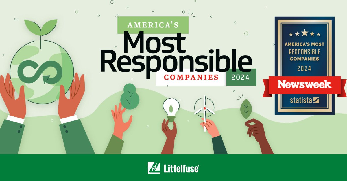 🏆 #Littelfuse is excited to be named one of America’s Most Responsible Companies on <a href="/Newsweek/">Newsweek</a> and <a href="/StatistaCharts/">Statista</a>’ 2024 list! bit.ly/3H48wJi 🌎 Visit bit.ly/3NRb15D to learn more about our unwavering commitment to drive positive change in the world. $LFUS
