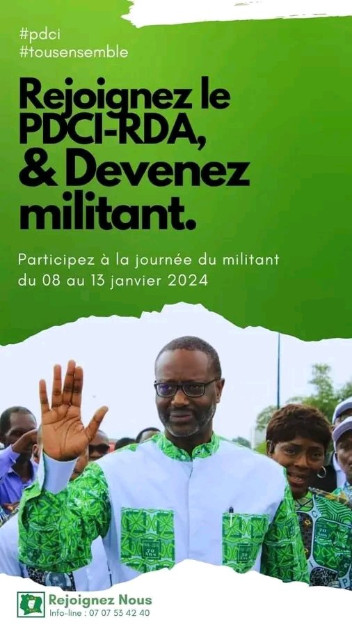MelEssisKouadio's tweet photo. HANN🇨🇮

🟩 PDCI-RDA | #COMMUNIQUÉ 

La Coordination de la Cellule de Communication du PDCI-RDA en collaboration avec le Secrétariat Exécutif chargé de l'identification du PDCI-RDA informe les sympathisants du PDCI-RDA et la population Ivoirienne en général, qu'une opération D'ADHÉSION COLLECTIVE ET PUBLIQUE dénommée « LA SEMAINE DU MILITANT » se déroulera du 08 au 13 Janvier 2024 à la Maison du PDCI-RDA à COCODY 

Ci-après les conditions à remplir afin de se faire identifier par le PDCI-RDA : 

 • Militant simple : 3000 f soit ( 1000 f adhésion , 1000 f carte de membre, 1000 f cotisation annuelle)
• Militant Cadre : 52.000 f soit ( 1000 f adhésion, 1000 f carte de membre, 50.000 f cotisation annuelle) 

Pièces à fournir :
• Photocopie de la CNI ou du passeport ou de l'attestation 
• Une photo d'identité
• Lieu de résidence afin de déterminer la section et la Délégation 

NB: MERCI DE NOTER QUE LE PAIEMENT SE FAIT SUR PLACE À L'IDENTIFICATION ET NON AILLEURS 
Info-line : 07 07 53 42 40 

   BREDOUMY SOUMAÏLA TRAORÉ 
Porte parole du PDCI-RDA
Coordonnateur Général de la Grande Cellule de Coordination de la Communication.

#CIV225