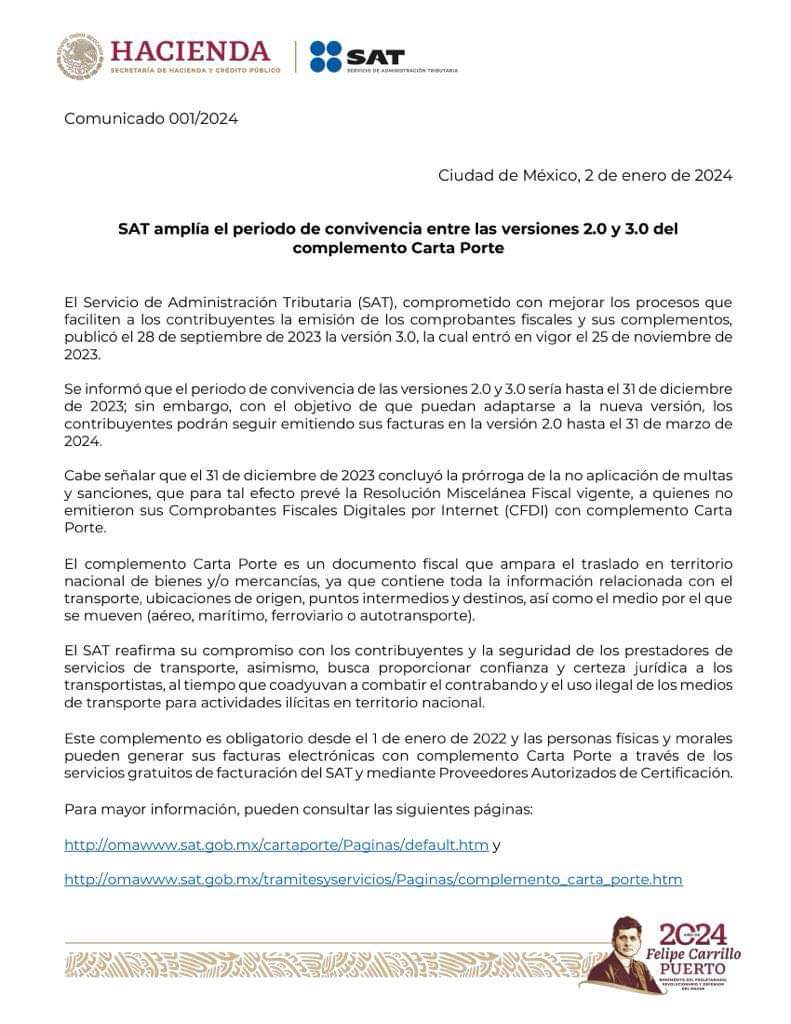 AfimeFiscal's tweet photo. #QueNoSeTePase 

El SAT informa que el periodo de convivencia entre las versiones 2.0 y 3.0 del complemento Carta Porte se extiende al 31 de marzo de 2024.

#ComunicadoSAT #cartaponte #Marzo #informacion https://t.co/bottDfhXM4
