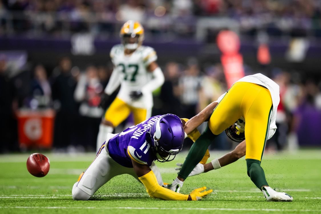 #Vikings special teams standout rookie Najee Thompson hit 22.6 MPH on his forced fumble and recovery on Sunday night against the #Packers. (H/T: @alec_lewis)