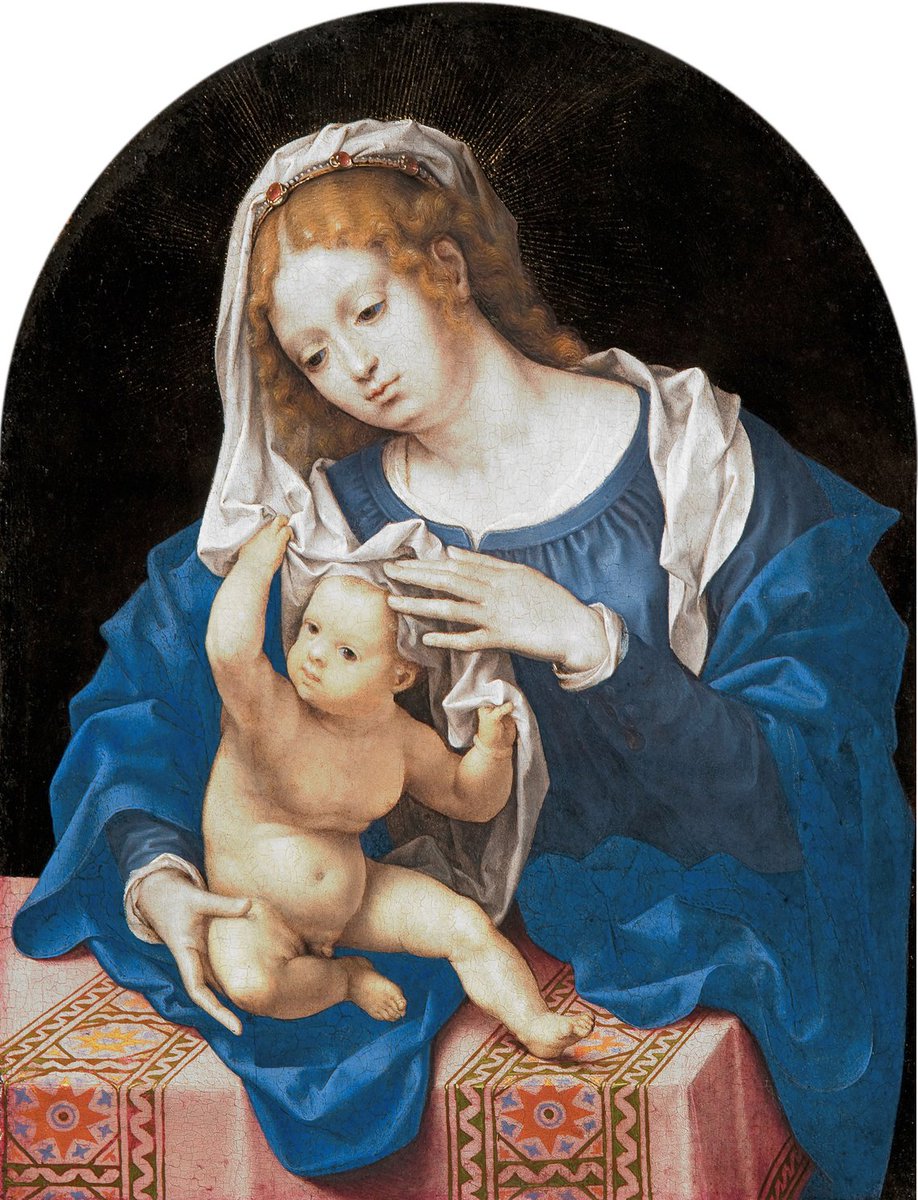 Madonna z Dzieciątkiem bawiącym się welonem
1525r. 25x18cm
Jan Gossaert (Mabuse)

Jedno z najczęściej kopiowanych dzieł autora  (ponad 20 znanych egzemplarzy)
Gdy wstąpił do cechu św. Łukasza w Antwerpii nazywał siebie Jennyn van Henneguwe ( Hainaut )

Mauritshuis w Hadze