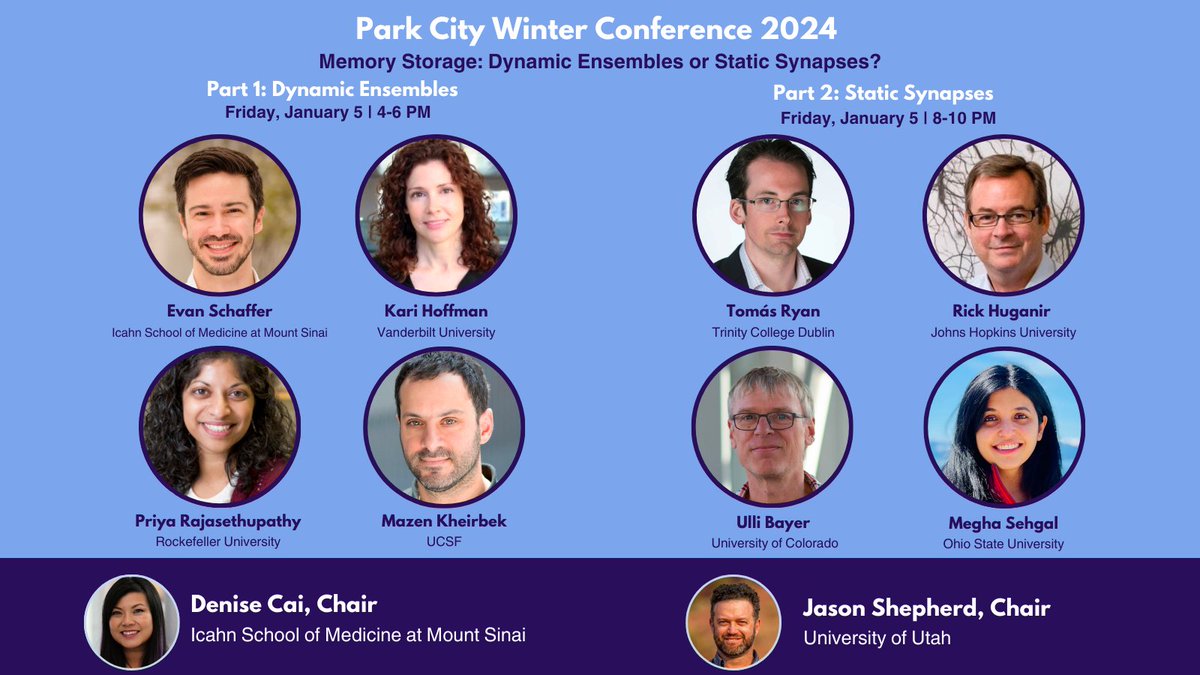 Denise J. Cai, Ph.D. (@denisejcai) on Twitter photo Absolutely thrilled to be co-chairing a TWO-part session with <a href="/JasonSynaptic/">Jason Shepherd</a> at the Park City Winter Conference ❄️🧠
Mark your calendars for Friday and join us to hear this stellar lineup of scientists share their perspective on the topic of memory stability vs. plasticity. Absolutely thrilled to be co-chairing a TWO-part session with <a href="/JasonSynaptic/">Jason Shepherd</a> at the Park City Winter Conference ❄️🧠
Mark your calendars for Friday and join us to hear this stellar lineup of scientists share their perspective on the topic of memory stability vs. plasticity.