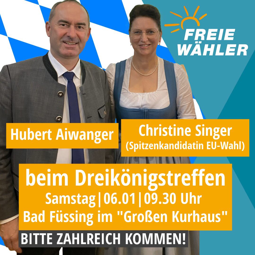 #Dreikönigstreffen #FREIEWÄHLER 6.1., ab 9.30 in Bad Füssing. Bitte zahlreich kommen. Brotzeit für jeden Gast (nichtvegane Weißwürste/Wiener, gibt’s noch dank unserer #Metzger, #Bauern, #Wirte und #Spediteure!) #Aiwanger #Singer