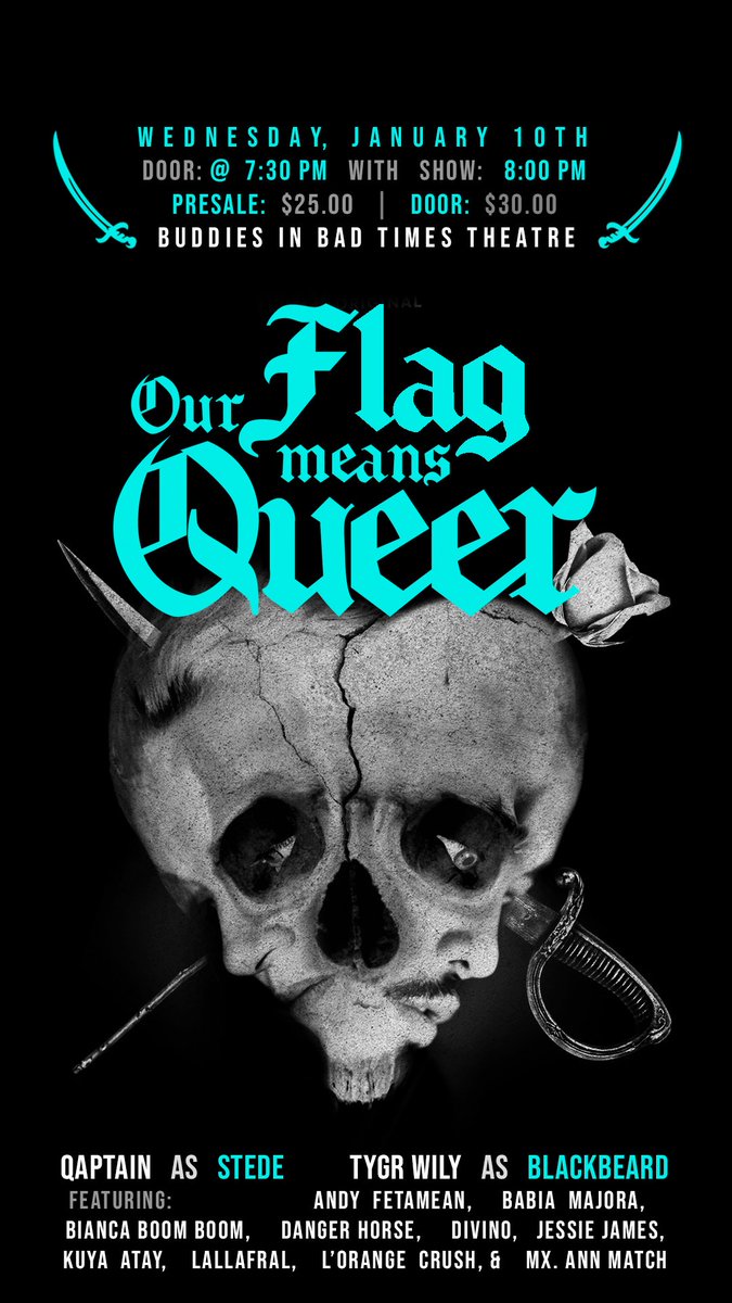 robinthegoose's tweet photo. TORONTO!! Come see me and a bunch of other gay pirates shake our fabulous booties on Jan 10th at @buddiesTO !!!
#ofmd #ourflagmeansdeath #ourflagmeansqueer #torontoburlesque #torontodrag https://t.co/gyA14oha1G