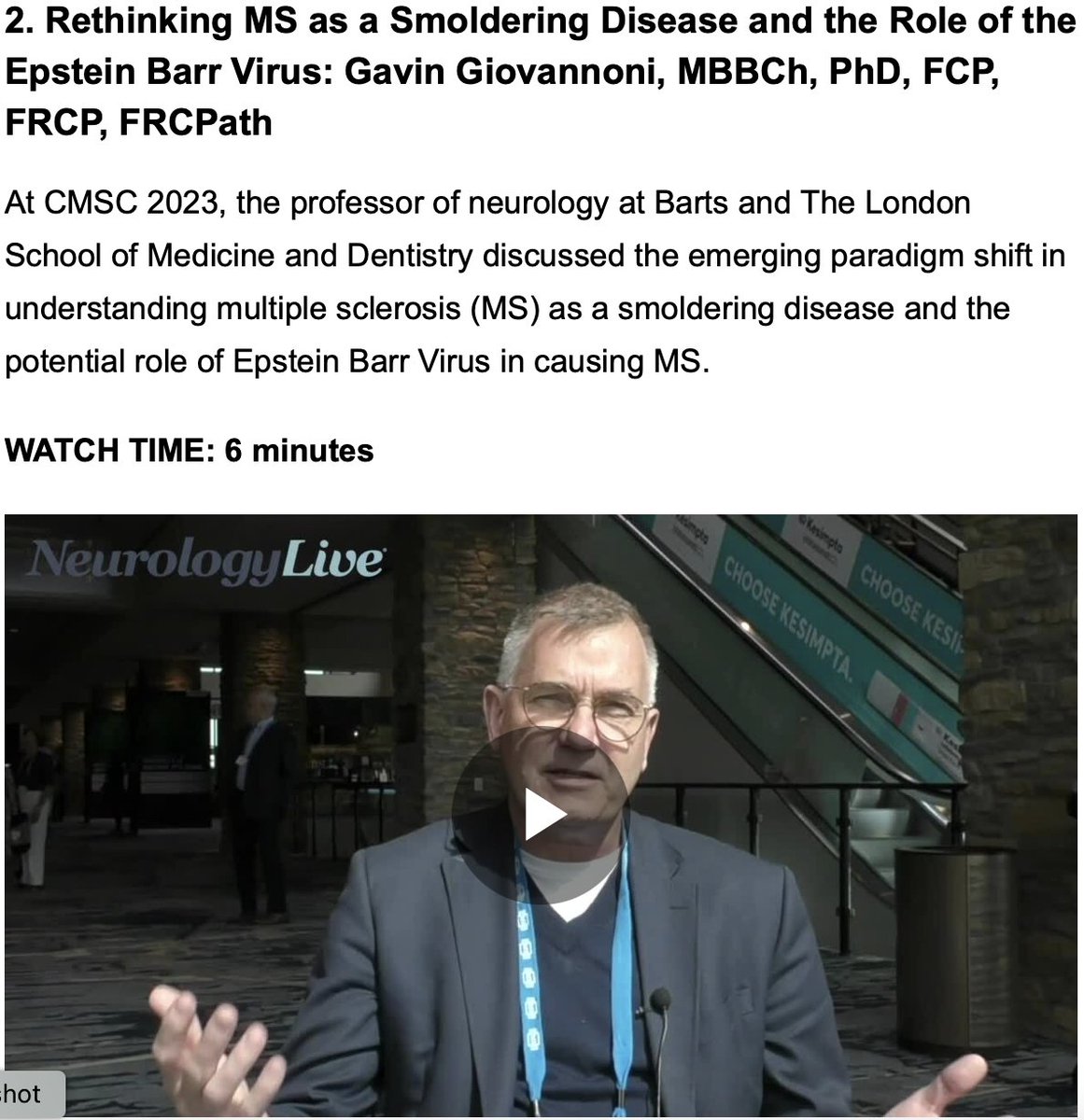 And in second place on @neurology_live most watched vids.... Prof G @GavinGiovannoni on smouldering MS & EBV. Link:neurologylive.com/view/neurology…