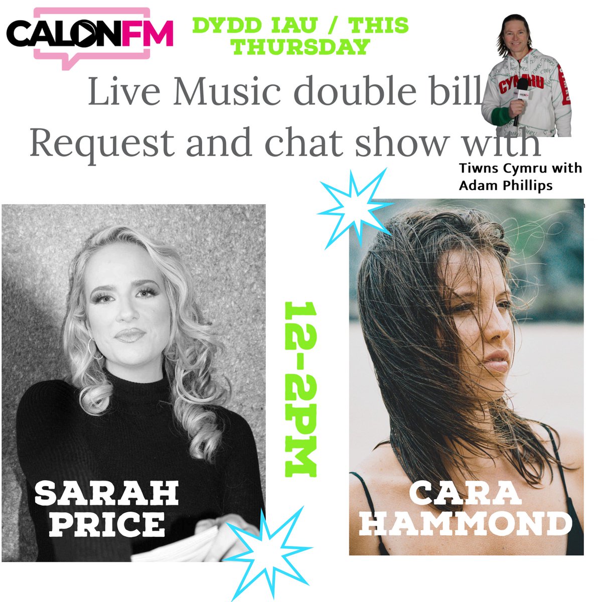 Big double bill yforu/ tomorrow on <a href="/CalonFM/">Calon FM</a> for my live chat and request show with Sarah Price and <a href="/carahammond_/">Cara Hammond</a> performing live on air and getting involved in the general chaos. 
Tune in to 105fm in #Wrexham and online here calon.fm