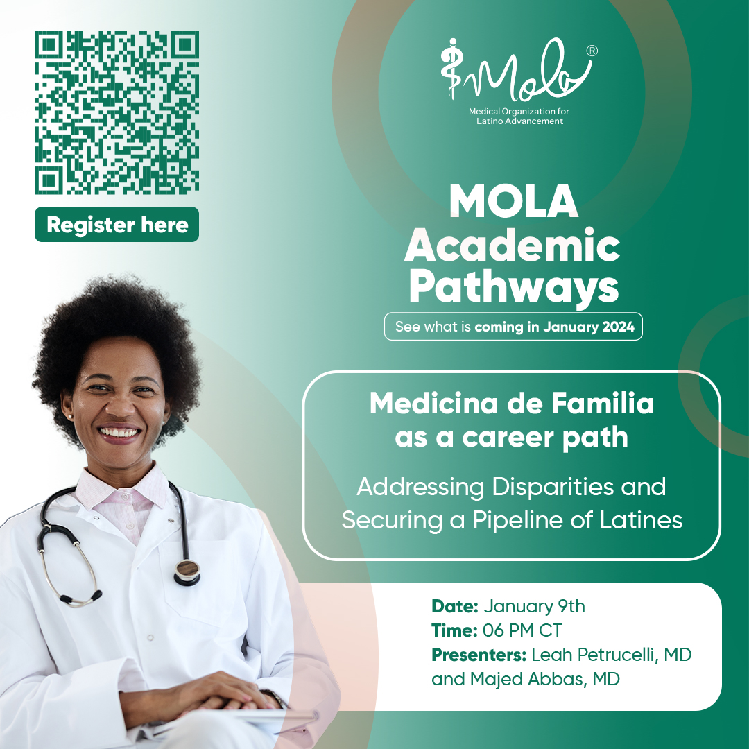 chicagomola's tweet image. Don't miss this MOLA talk: "Family Medicine as a Career Path." We look forward to seeing you on January 9th📅
Register here: bitly.ws/37nma

#molahealth #mentorship #academicpathways