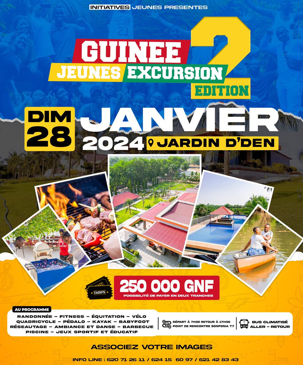 PtyKeita's tweet photo. Acte 2 de l’excursion organisée par initiatives jeunes se tiendra au jardin d’eden.
Prenez vos tickets et venez changez d’air avec nous ☺️👊🏾
10 activités + piscine + barbecue + bus climatisé. Quoi de mieux pour débuter l’année ?

Tarif : 250.000fg toun https://t.co/rap1aOWOCB