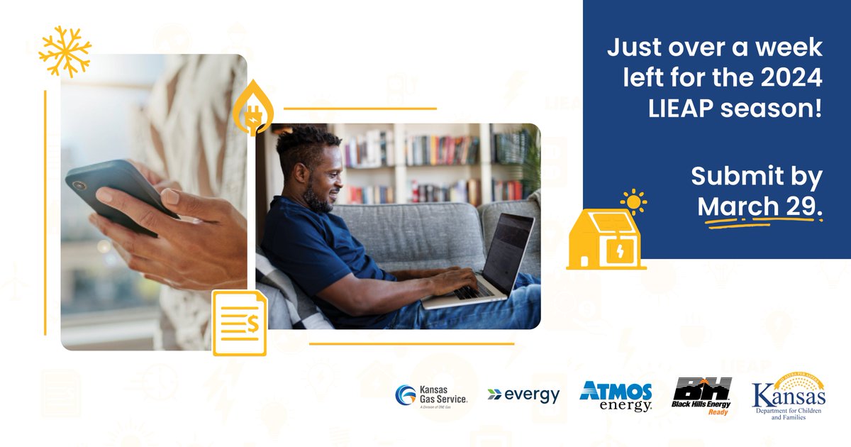 Reminder! You have just over one week to submit an application for the Low-Income Energy Assistance Program. The application period closes at 5 p.m. on March 29. Head to dcf.ks.gov to learn more and apply! #ksleg
