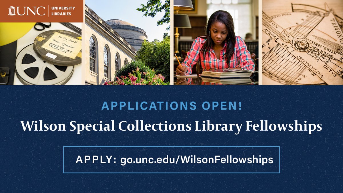 Apply now for a Wilson Fellowship! Take advantage of the collections, resources and expertise the Wilson Special Collections Library has to offer. Apply by 1/31: go.unc.edu/WilsonFellowsh…