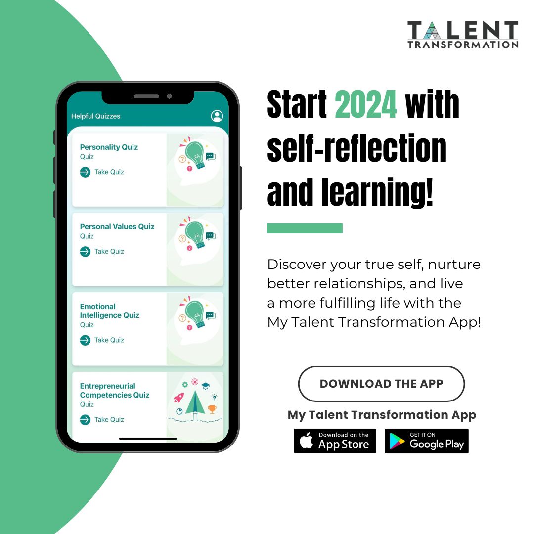 Make this year the one where you prioritize your happiness and well-being! Explore your passions, align with your values, and become your best version. Download the My Talent Transformation App now! 

#NewYear2024 #personalgrowth #2024resolutions