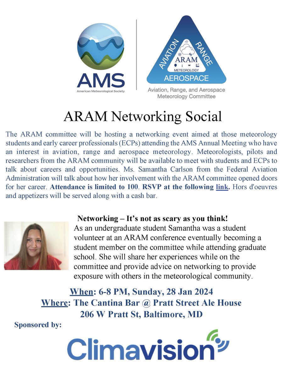 AMS_ARAM's tweet photo. Hey students and early career professions attending #AMS2024. If you want to attend the ARAM Networking Social sponsored by @Climavision on Sunday night RSVP here by January 24th. Space is limited. @AMSEarlyCareer @AMSBoSA 

https://t.co/iYaevb4Dw6 https://t.co/SfGbjolVJH
