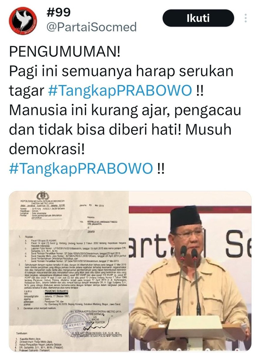 PakarINTELek's tweet photo. Selamat pagi tum @PartaiSocmed 
Pagi ini jadi naikin #TangkapPRABOWO atau lanjut naik #AsalBukanPrabowo saja tum ?

Mohon arahannya tum 🙏🏻 https://t.co/5w0P9AbUA1